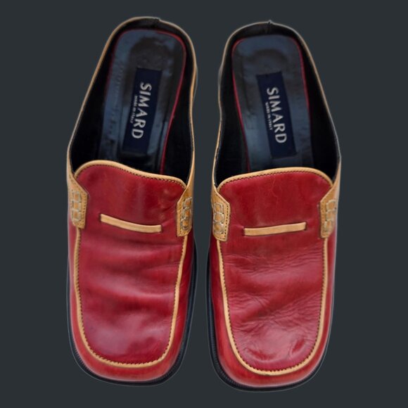 Vintage Simard Red Slip On Loafers Mules Size 38 US 7.5 Leather Square Toe Italy - Picture 2 of 11